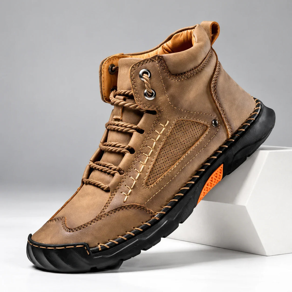 Bradshaw men's hiking boots in camel, single boot at an angle on a light studio background