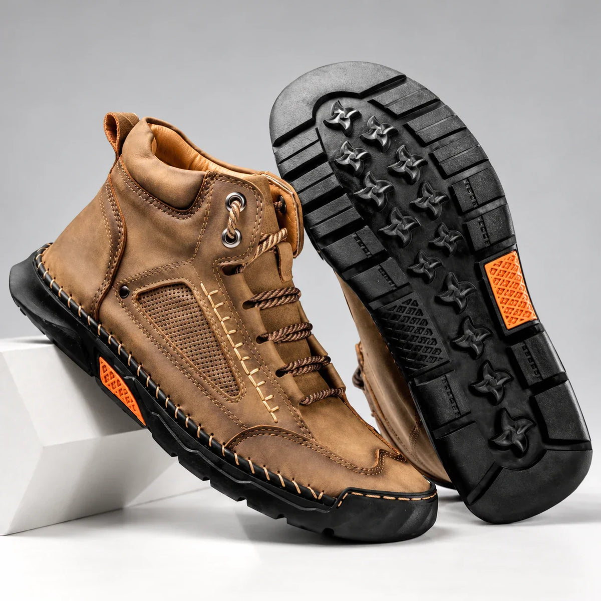 Bradshaw men's hiking boots in camel, pair with outsole detail on a light studio background