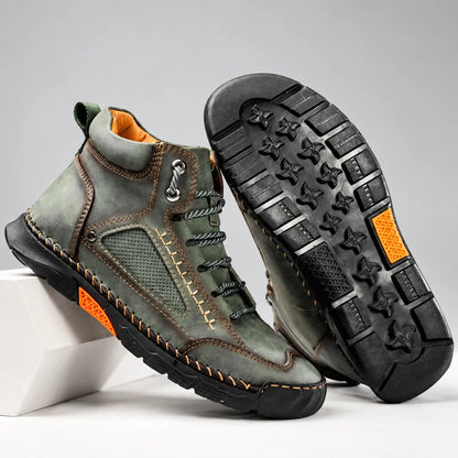 Bradshaw men's hiking boots in green, pair with outsole detail on a light studio background