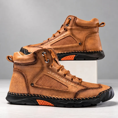 Bradshaw men's hiking boots in tan, side view of pair on a light studio background