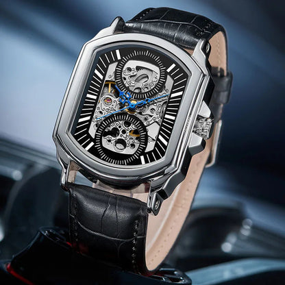 Brantley silver and black skeleton watch at an angle on a dark surface