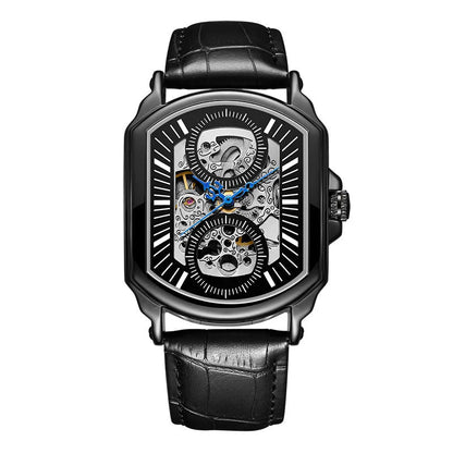 Front view of the Brantley all-black skeleton watch on a plain background
