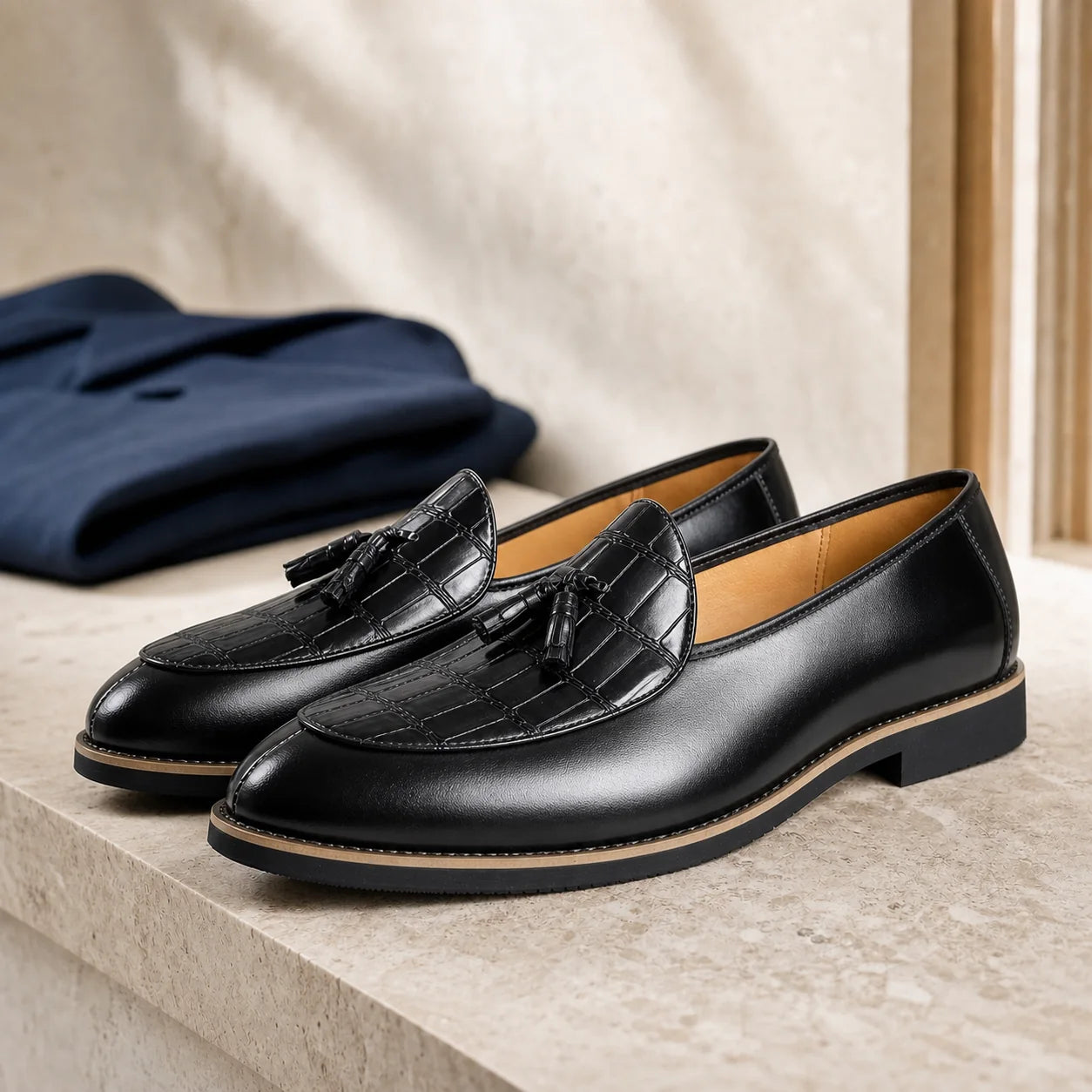 Bristol Tassel Loafers in Black on bright wardrobe stone