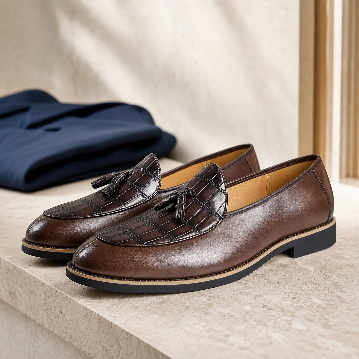 Bristol Tassel Loafers in Brown on bright wardrobe stone