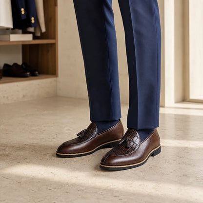 Bristol Tassel Loafers worn with navy trousers in a bright wardrobe