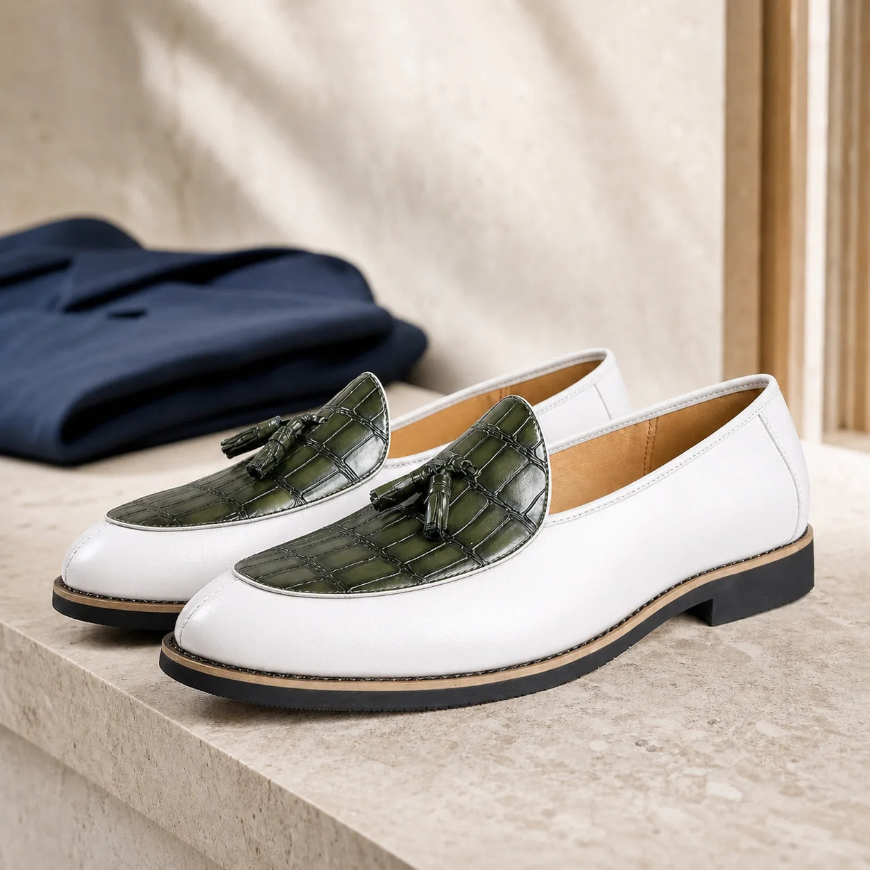 Bristol Tassel Loafers in White and Olive on bright wardrobe stone