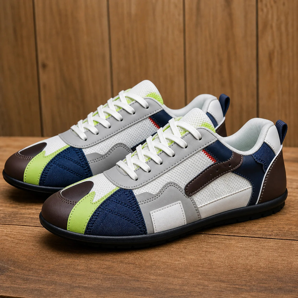 Colorblock Casual Sneakers in blue on warm wood background
