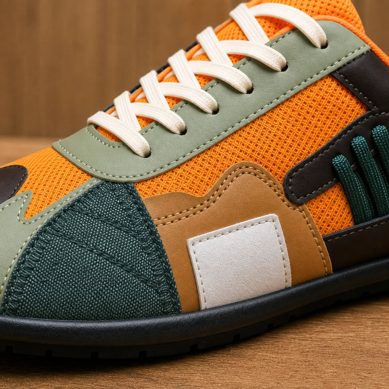 Close-up of Colorblock Casual Sneakers panels laces and stitching
