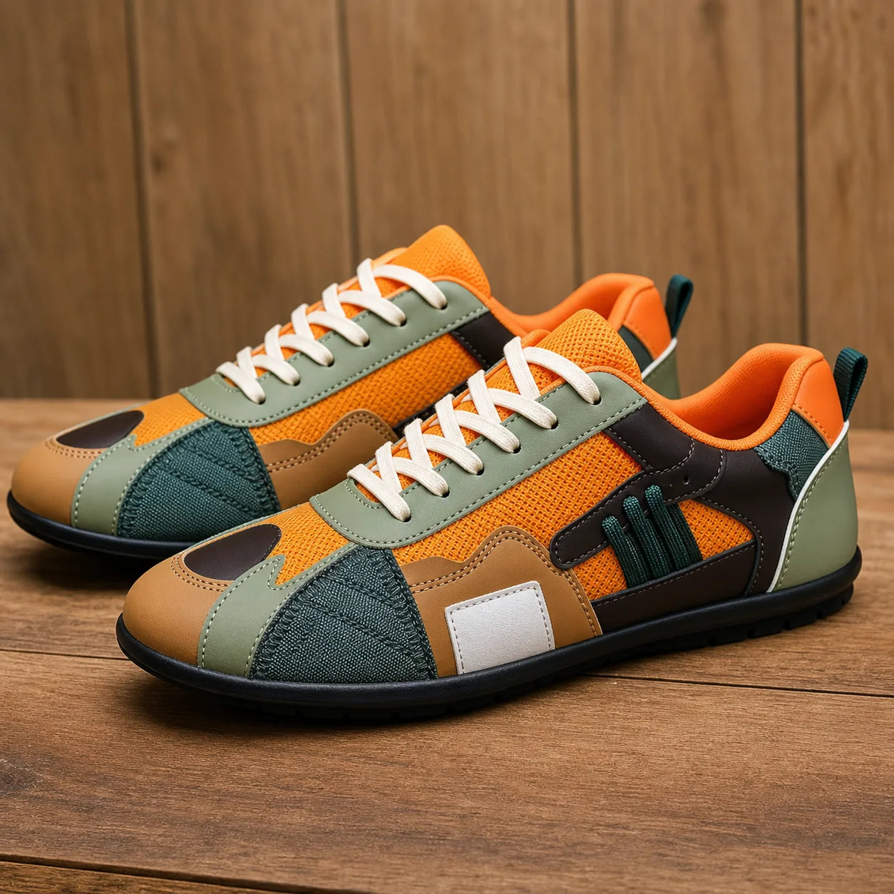 Colorblock Casual Sneakers in orange on warm wood background