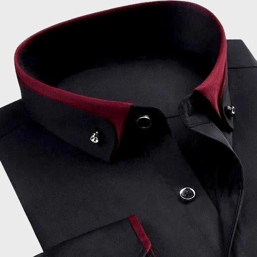 Close view of the button-down collar with red inner lining