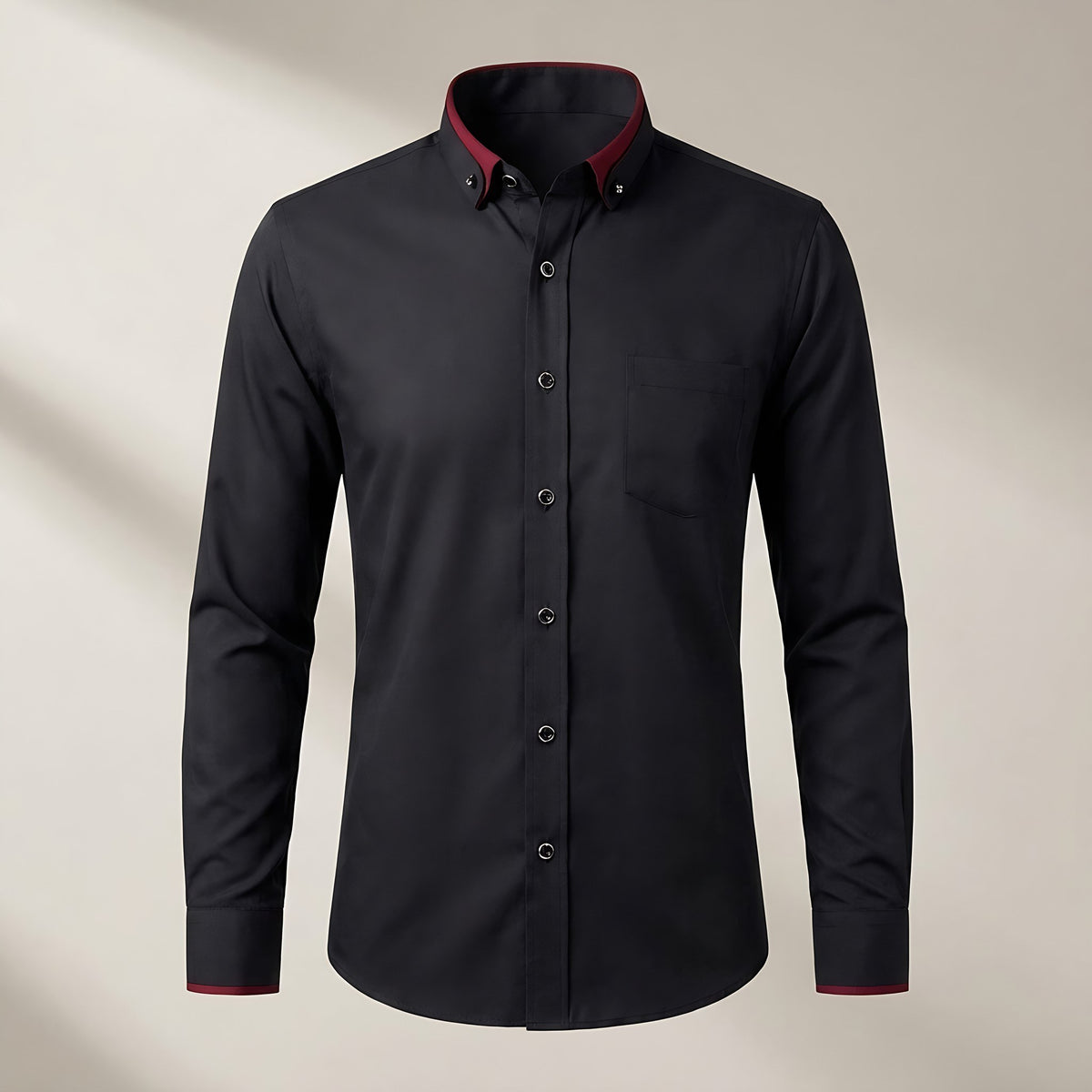 Men's black button-down dress shirt with red-lined collar and cuffs, front view