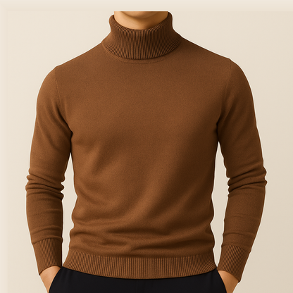 Corbin men's turtleneck sweater worn front in Brown 2