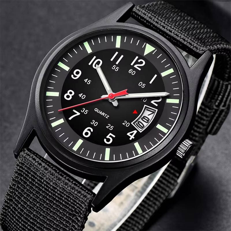 Dawson men's field watch dial close-up with numerals and date window