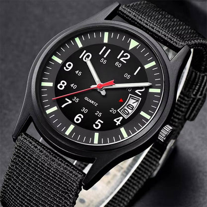 Dawson men's field watch dial close-up with numerals and date window