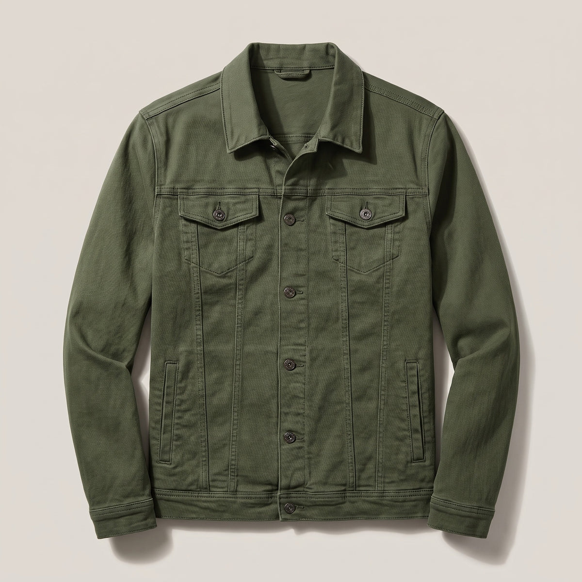 Army green trucker-style jacket with button flap chest pockets, front view