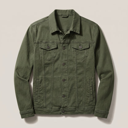 Army green trucker-style jacket with button flap chest pockets, front view