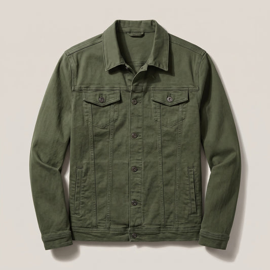 Army green trucker-style jacket with button flap chest pockets, front view