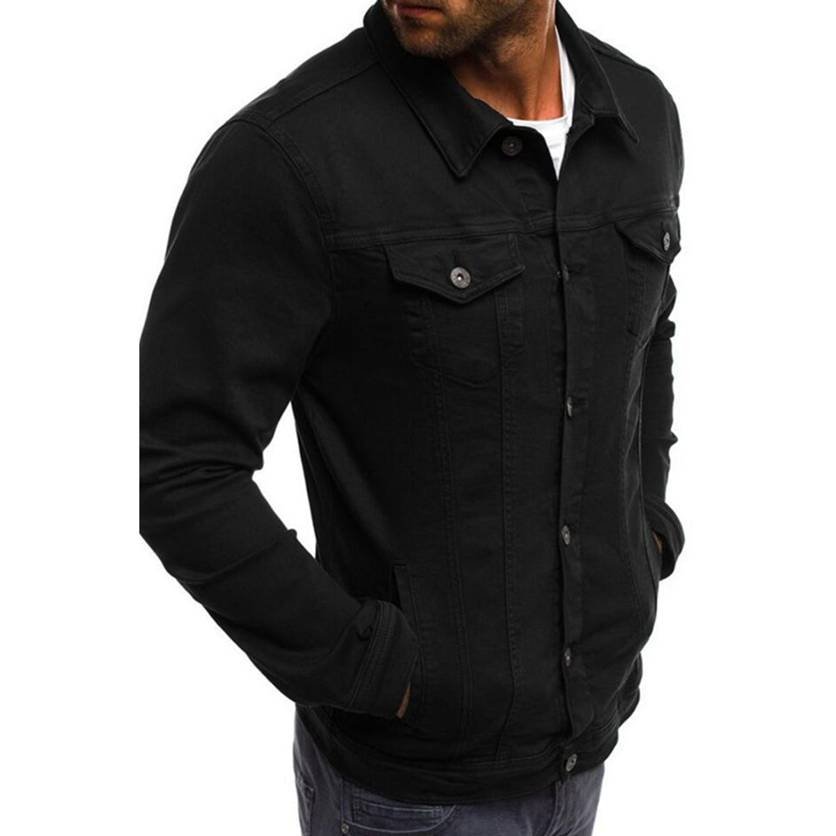 Black trucker-style jacket with button flap chest pockets, front view
