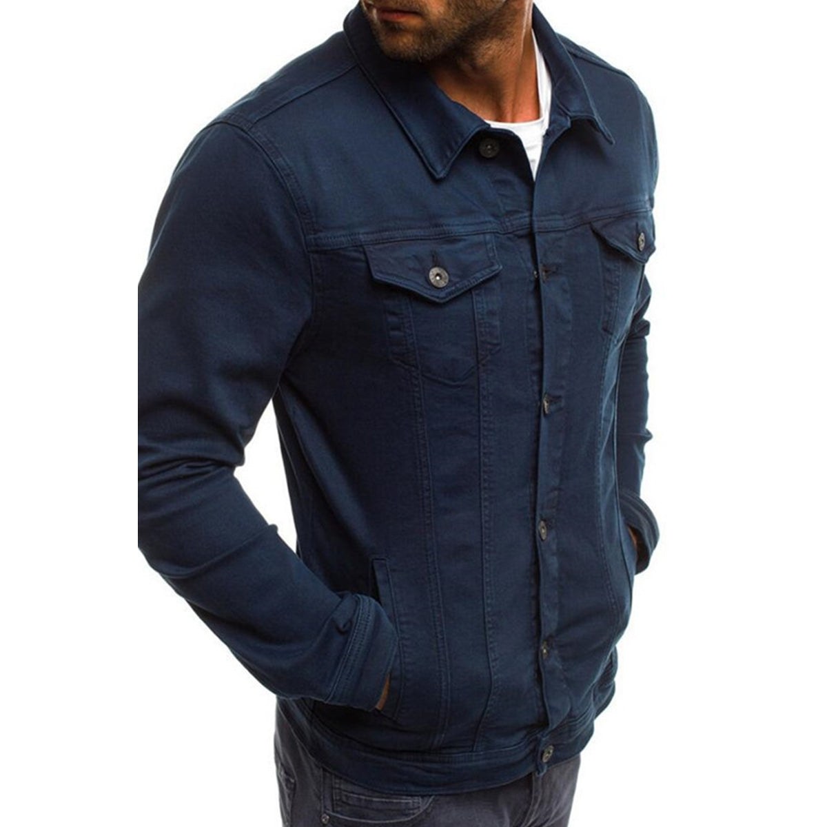 Navy blue trucker-style jacket with button flap chest pockets, front view