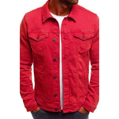 Red trucker-style jacket with button flap chest pockets, front view