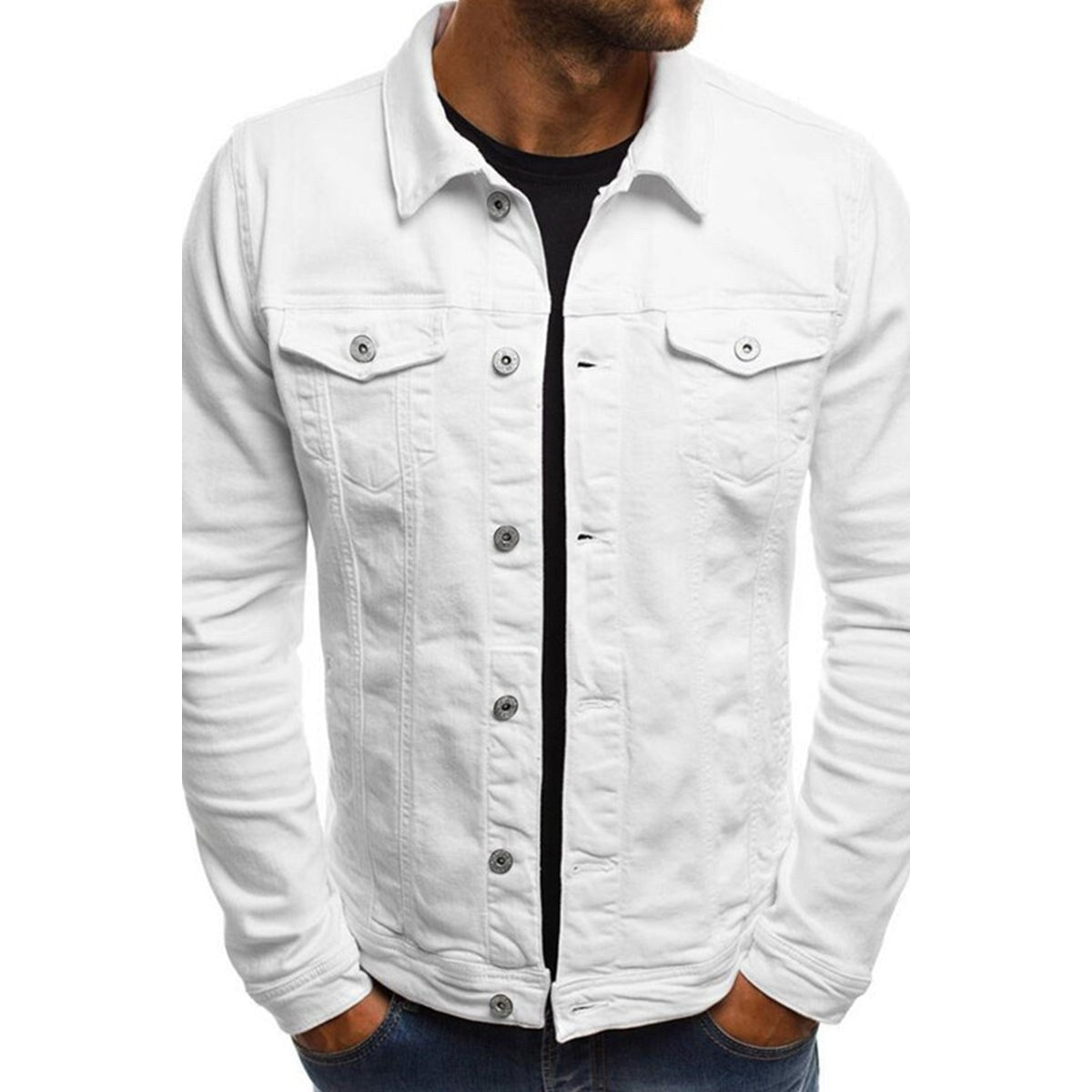 White trucker-style jacket with button flap chest pockets, front view