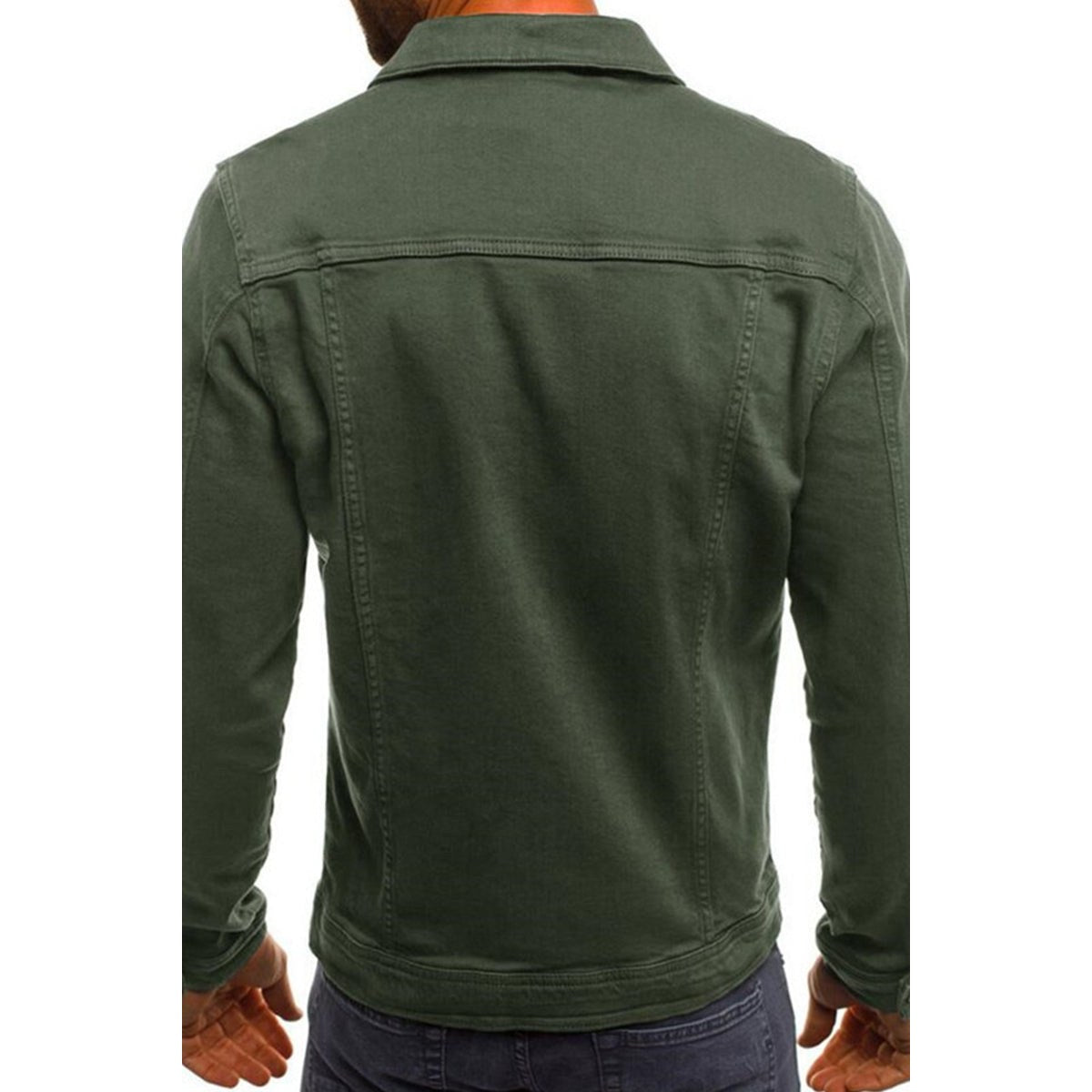 Back of the green jacket worn by a man with a pieced yoke