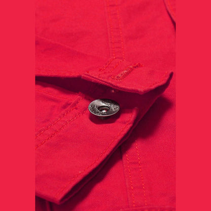 Close view of a button and stitched flap on the red jacket