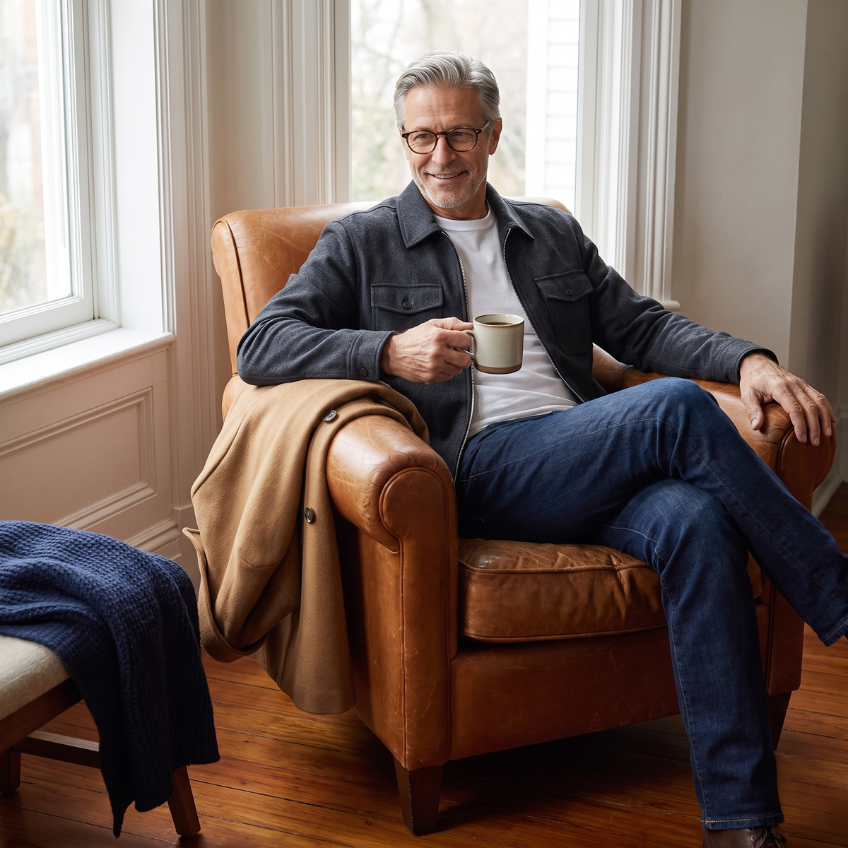 Relaxed man in a charcoal zip jacket