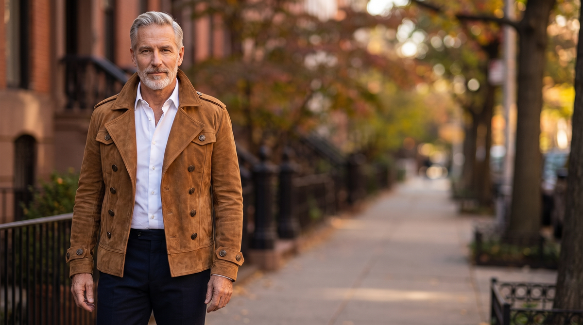 Grant & Pierce suede field jacket on an autumn street