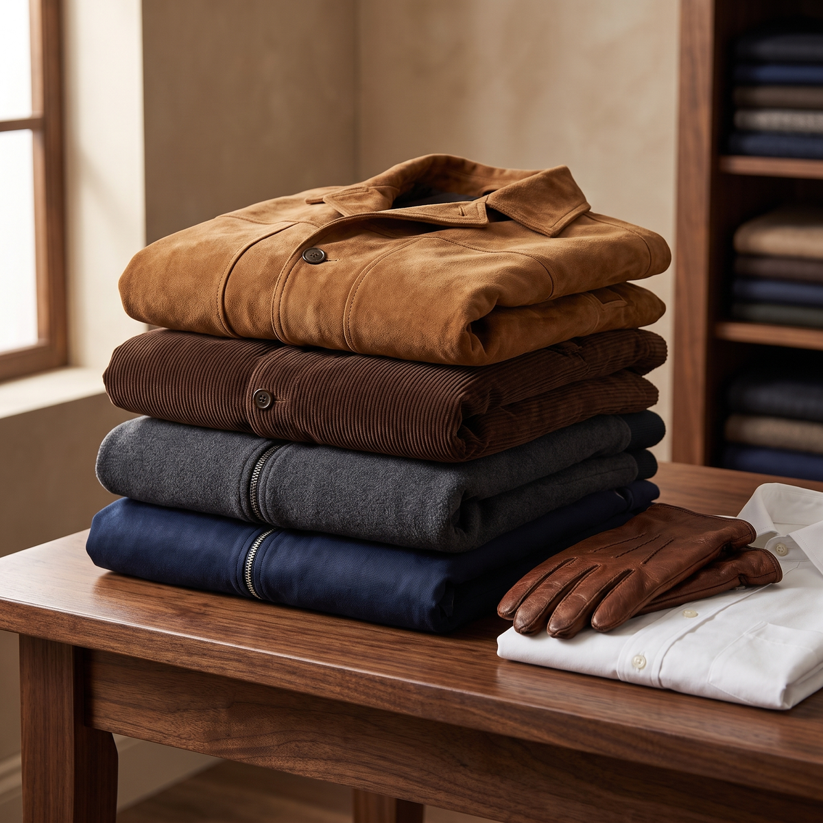 Folded jackets in camel, brown, charcoal and navy