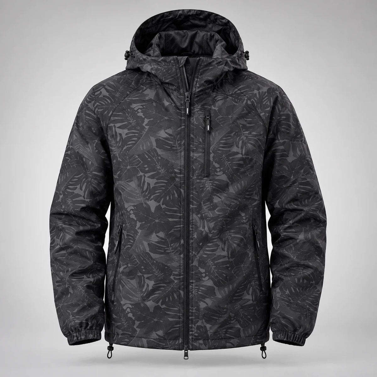 Men's black leaf-print hooded windbreaker, complete front view