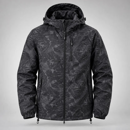 Men's black leaf-print hooded windbreaker, complete front view
