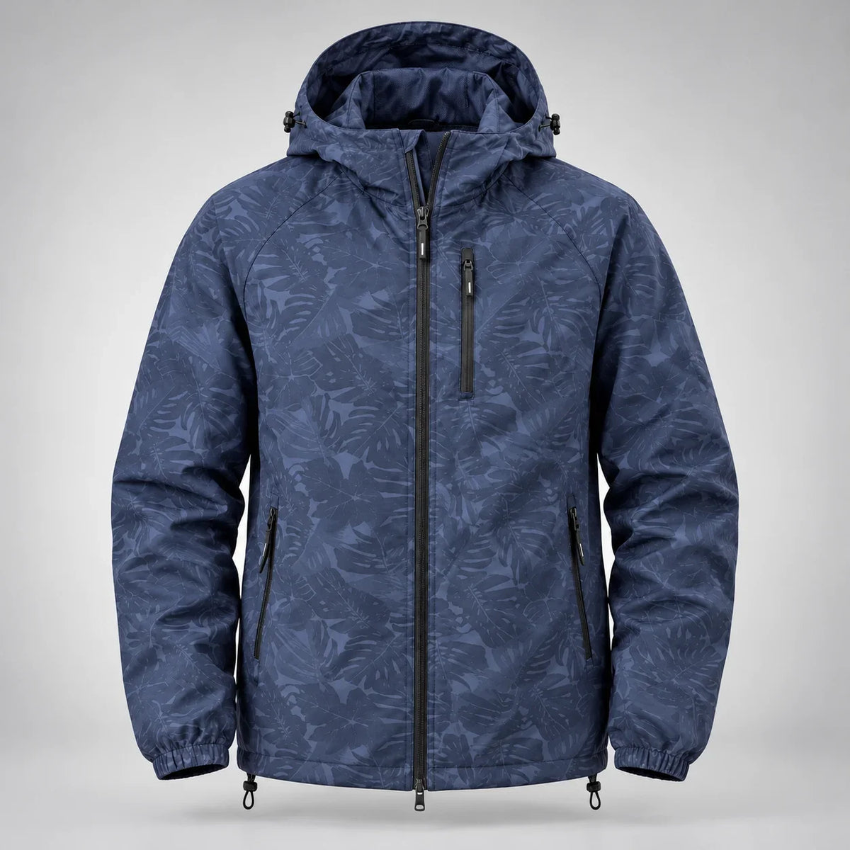 Men's denim-blue leaf-print hooded windbreaker, complete front view