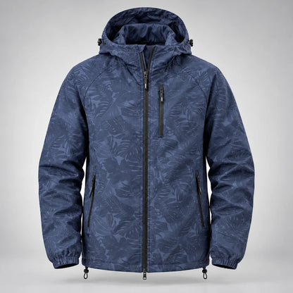 Men's denim-blue leaf-print hooded windbreaker, complete front view