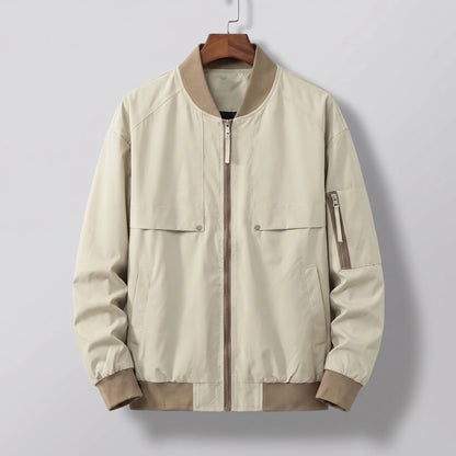 Men's bomber jacket with snap pockets, studio view