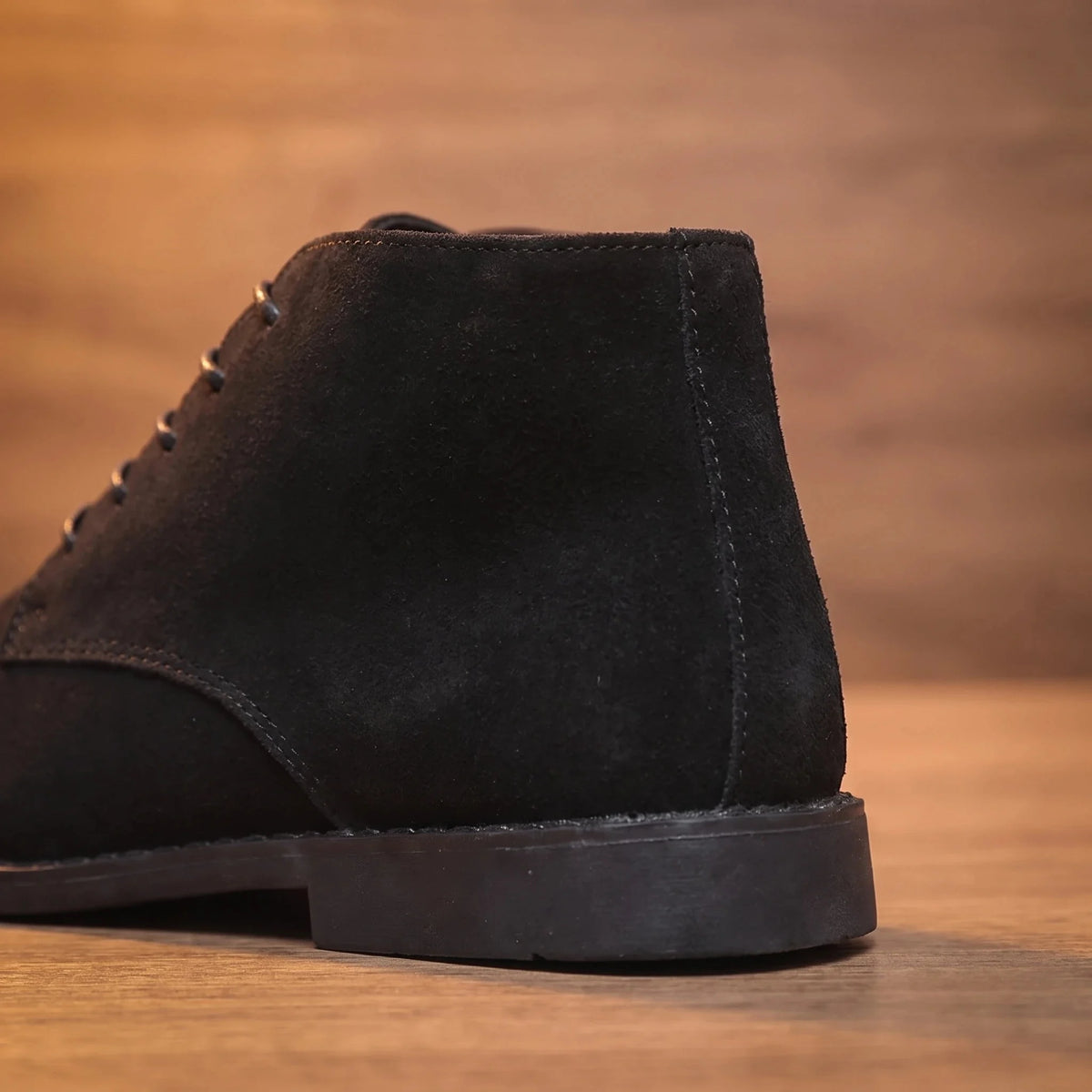Men's brushed finish lace-up desert boots heel and back close-up