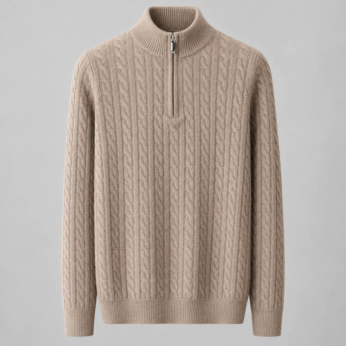 Men's cable knit half-zip mock neck sweater in Beige, full front view
