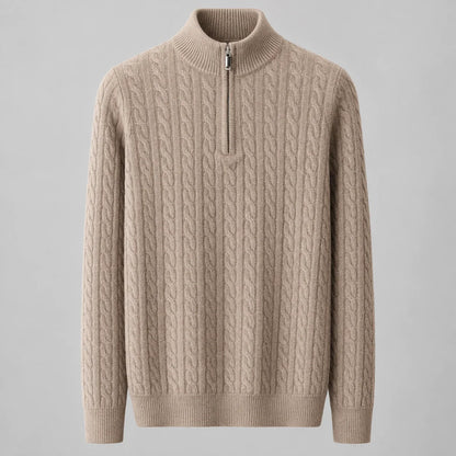Men's cable knit half-zip mock neck sweater in Beige, full front view