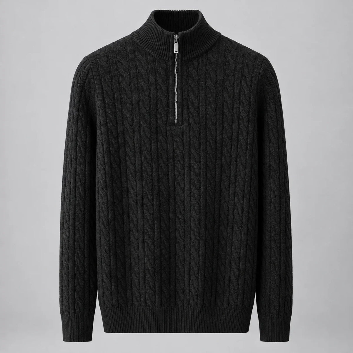 Men's cable knit half-zip mock neck sweater in Black, full front view