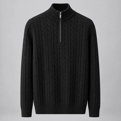 Men's cable knit half-zip mock neck sweater in Black, full front view