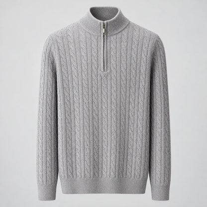 Men's cable knit half-zip mock neck sweater in Gray, full front view