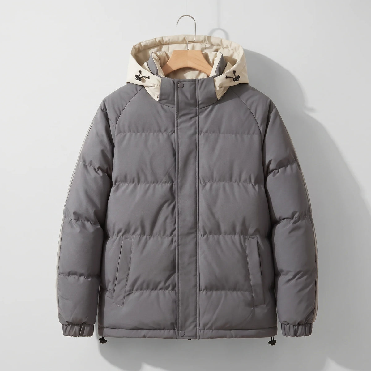 Men's hooded puffer jacket, studio view