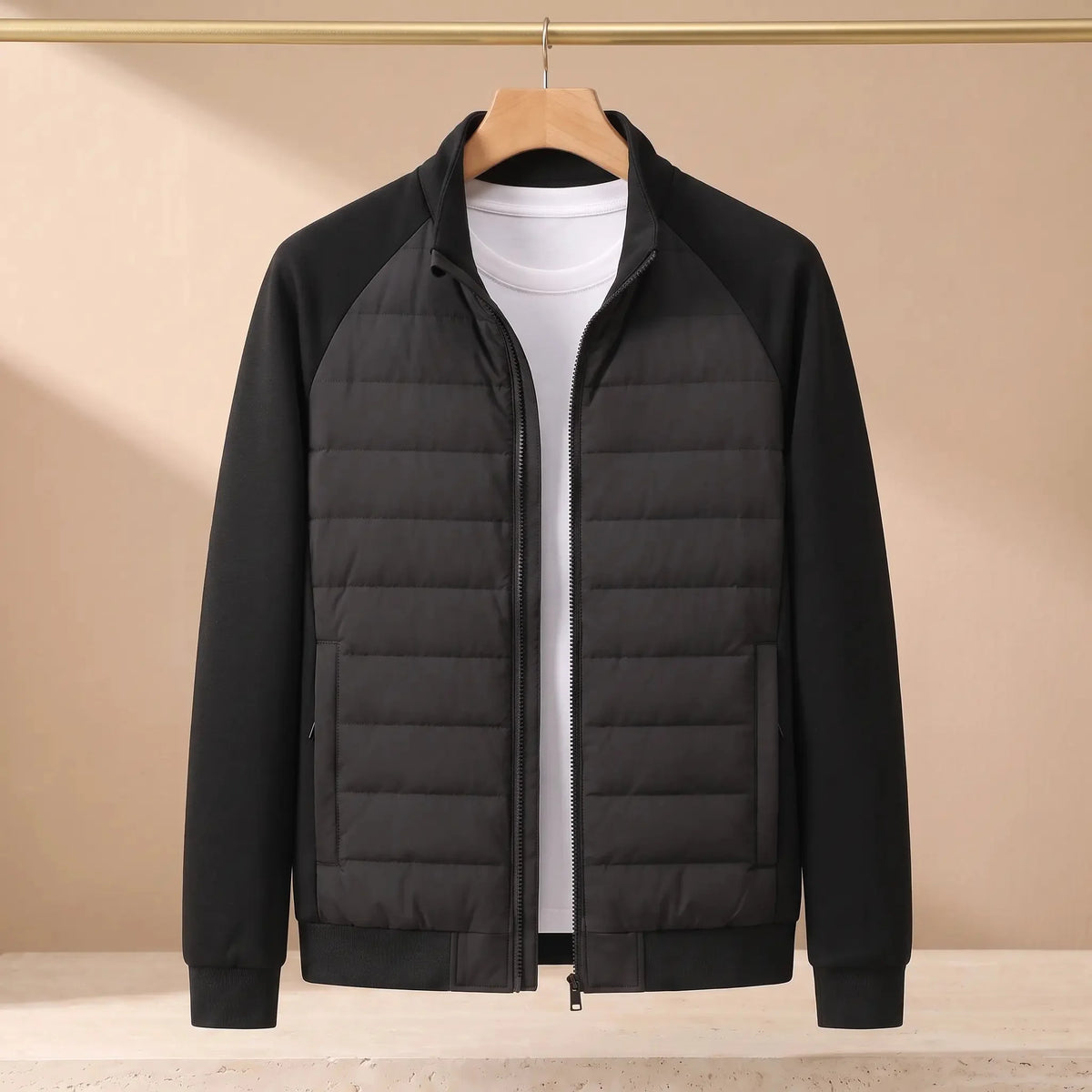 Men's hybrid puffer jacket with knit sleeves in Black 1