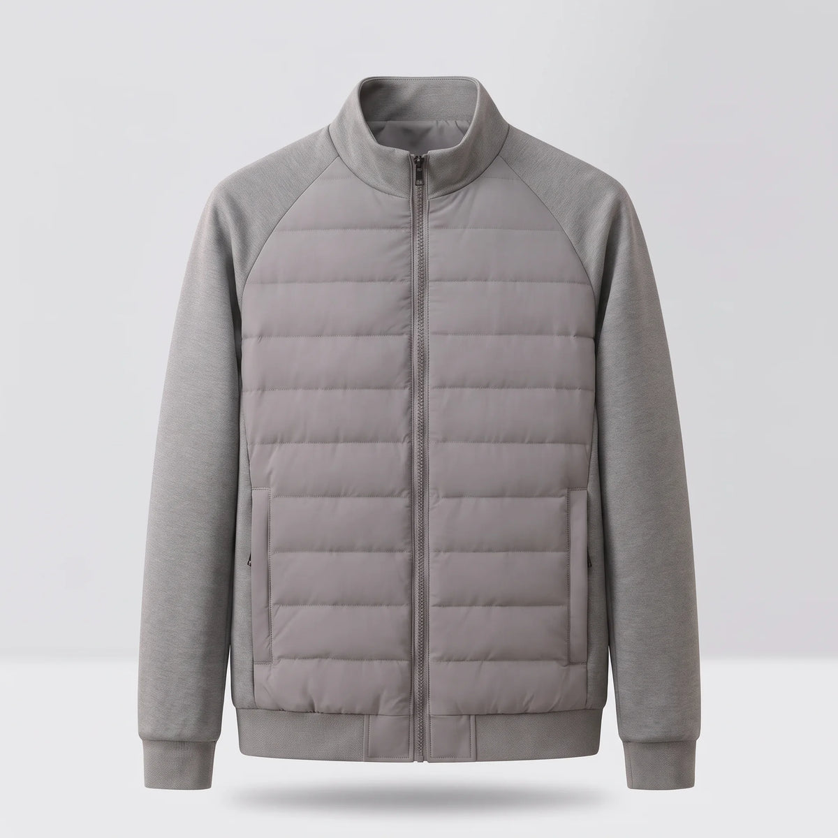 Men's hybrid puffer jacket with knit sleeves, studio front view