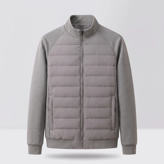 Men's hybrid puffer jacket with knit sleeves, studio front view