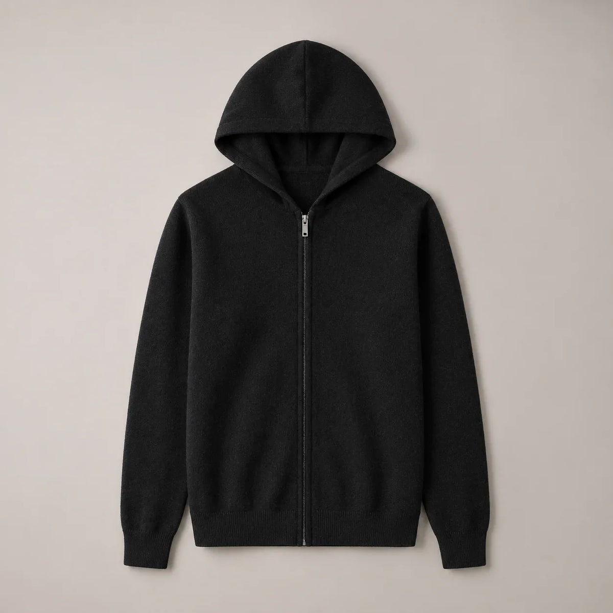 Men's black knit zip-up hoodie, complete front view