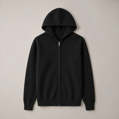 Men's black knit zip-up hoodie, complete front view