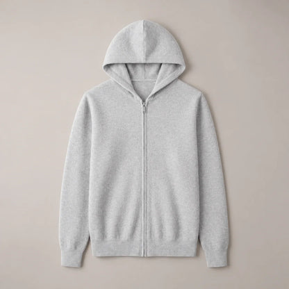 Men's light gray knit zip-up hoodie, complete front view