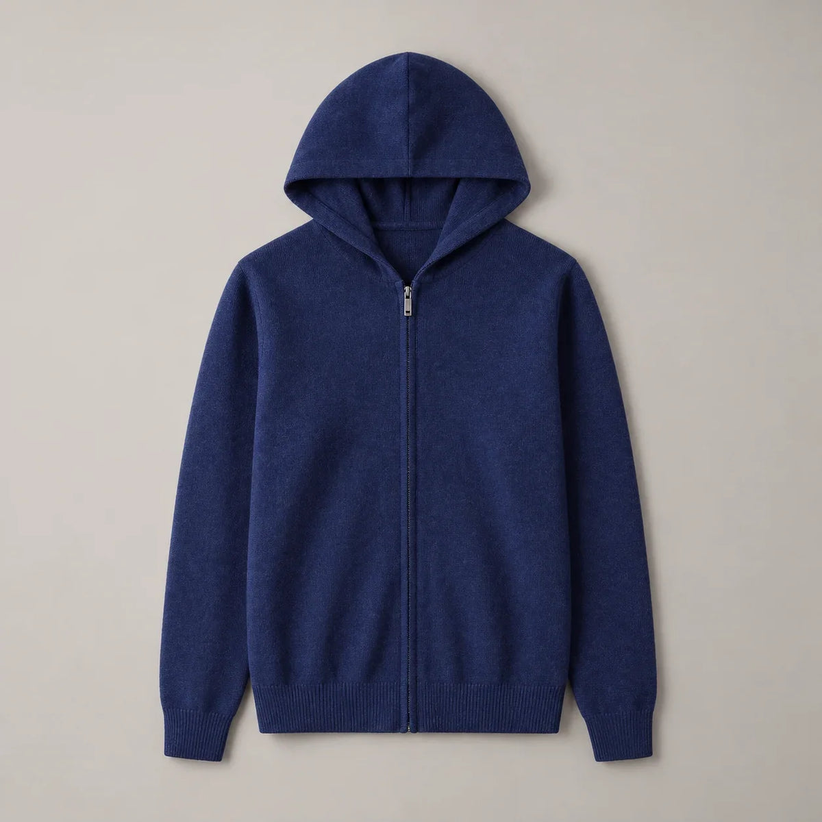 Men's navy blue knit zip-up hoodie, complete front view
