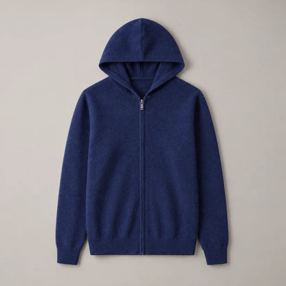 Men's navy blue knit zip-up hoodie, complete front view